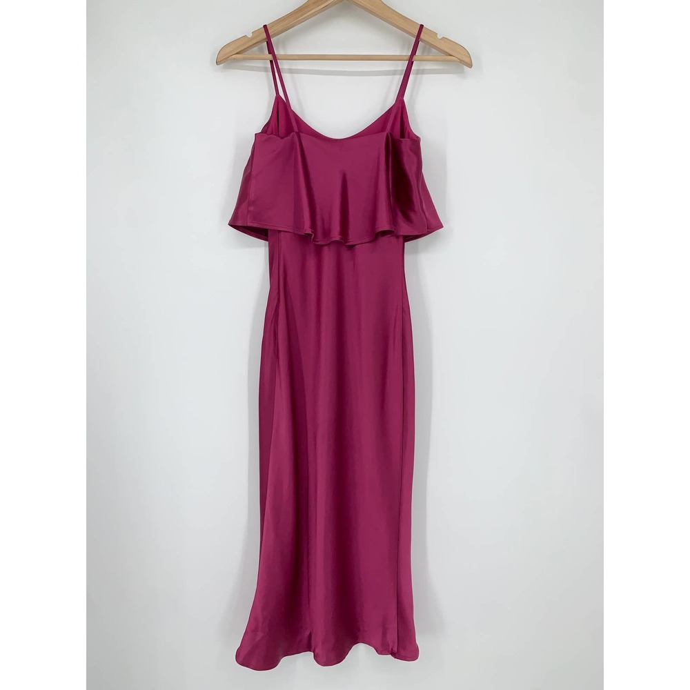 NWT Nadine Merabi Alice Midi Dress in Berry Ruffle Overlay Satin Slip Dress Pink - Picture 7 of 10